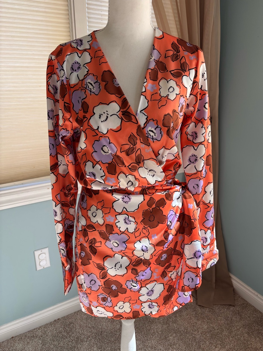Pink Ripple Orange Floral Satin Wrap Dress